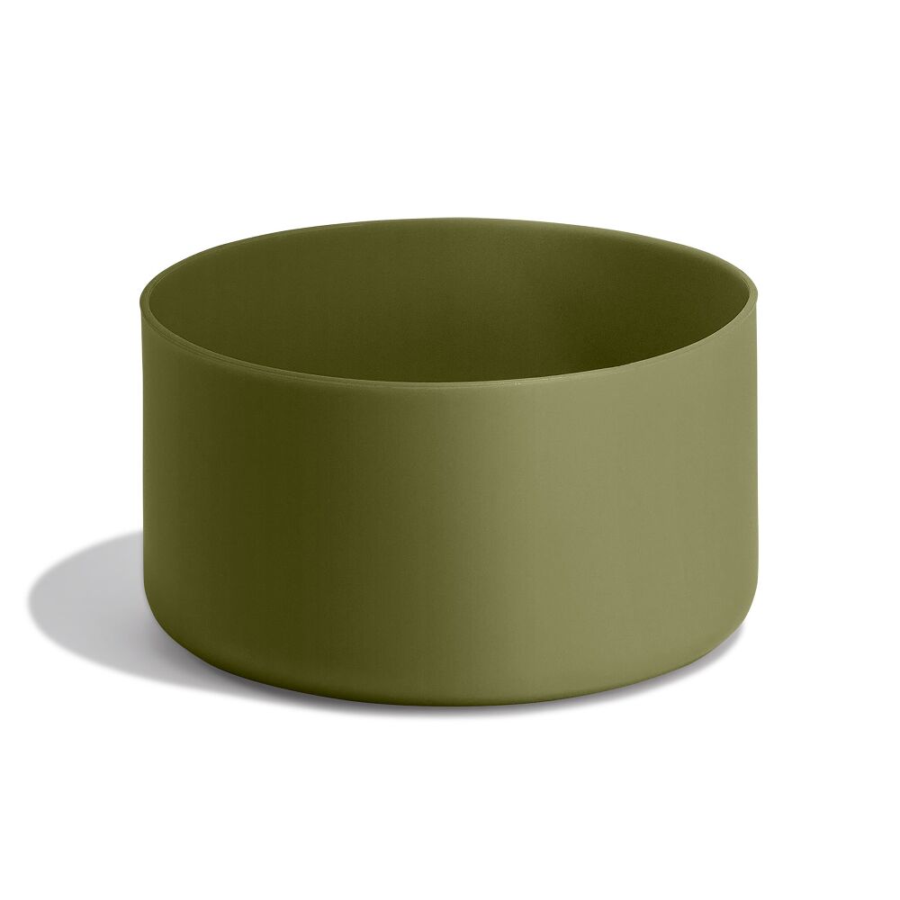 Olive-green cylindrical Hydro Flask container with smooth matte sides, wide open top, and rounded bottom edges. Minimalist modern design.