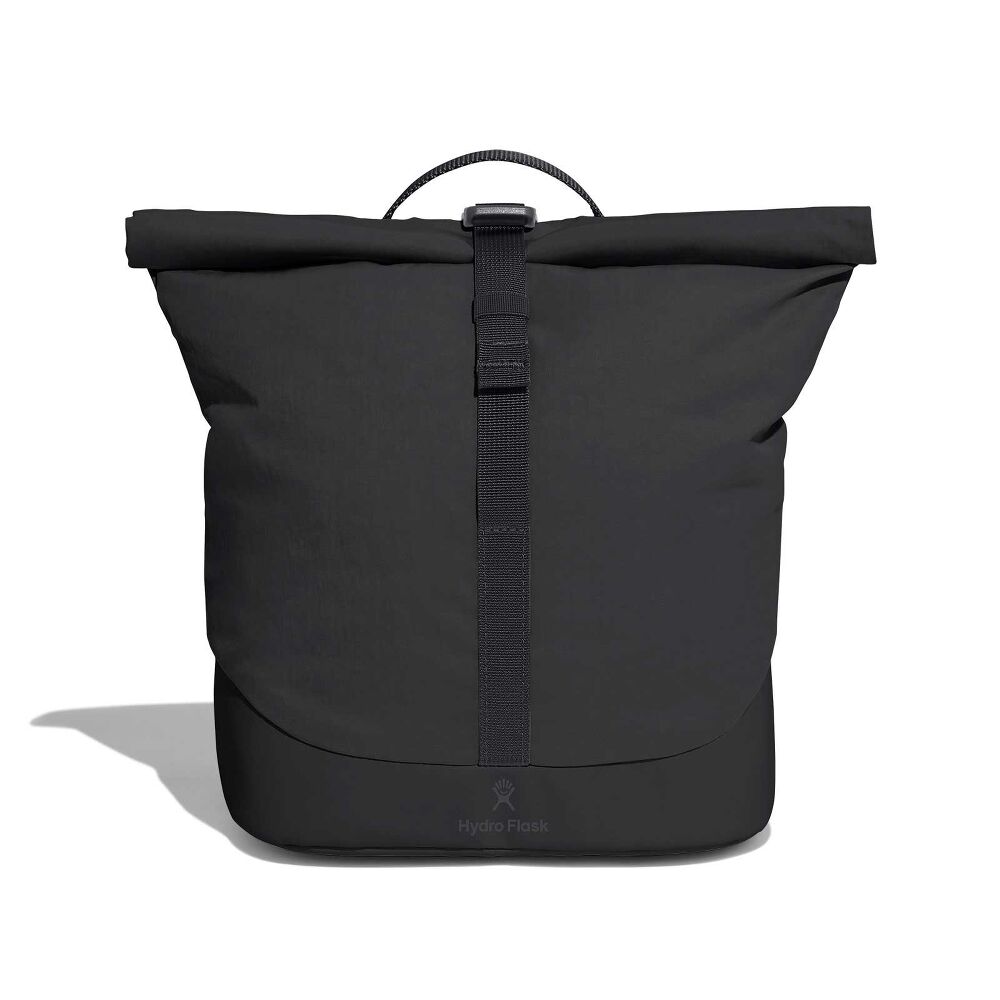 Black Hydro Flask roll-top backpack with central webbing strap and buckle, small loop handle, reinforced lower section, and subtle logo near the base.