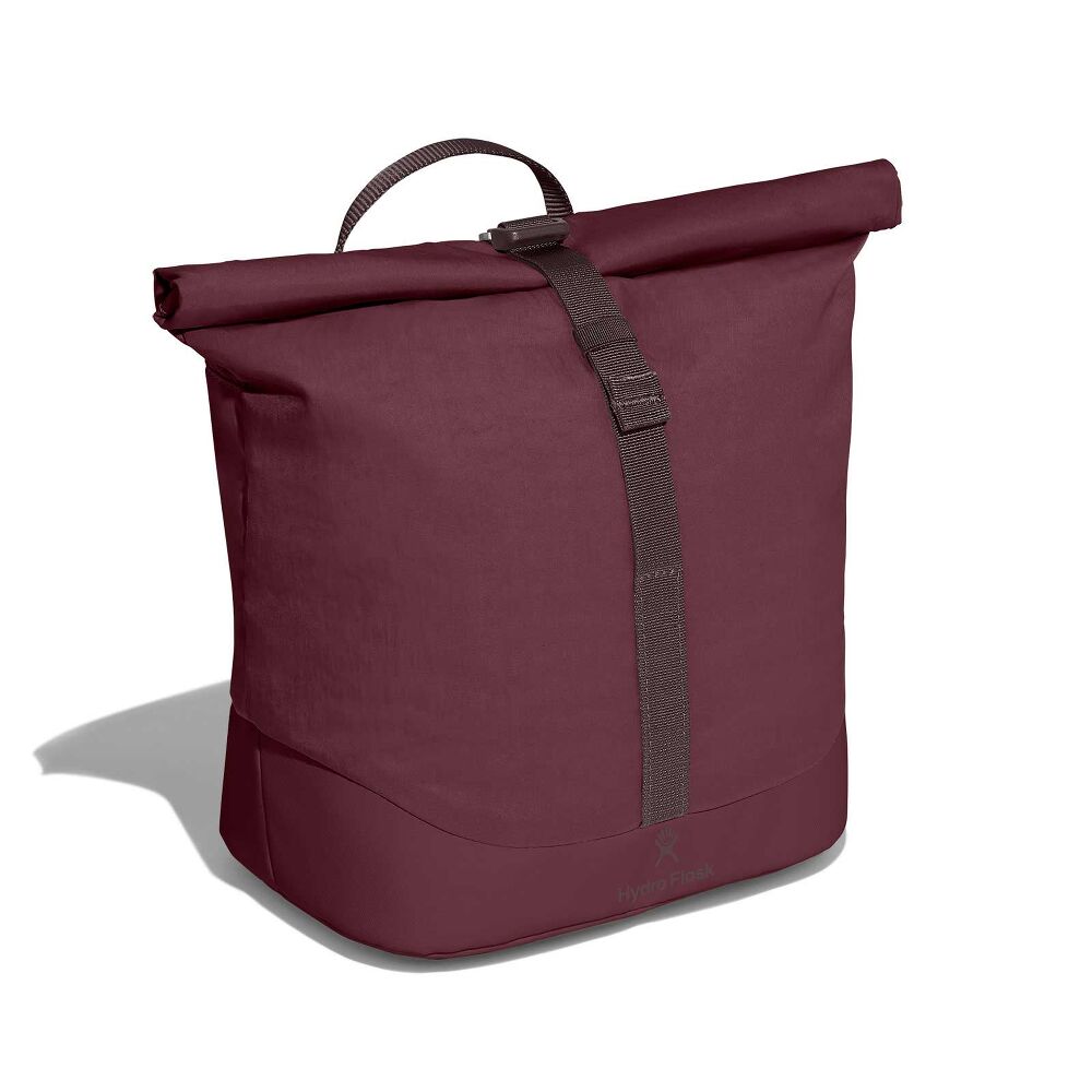 Maroon Hydro Flask roll-top tote with fabric handle, long central strap with buckle, reinforced darker bottom, durable water-resistant material, and logo near base.