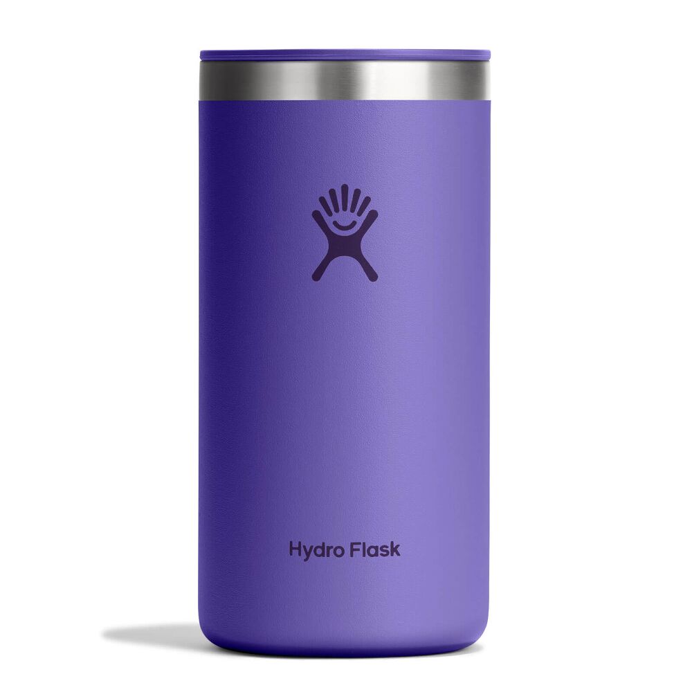 Purple Hydro Flask tumbler with stainless steel rim, matching purple sip lid, matte textured finish, and Hydro Flask logo on front. Clean cylindrical design.