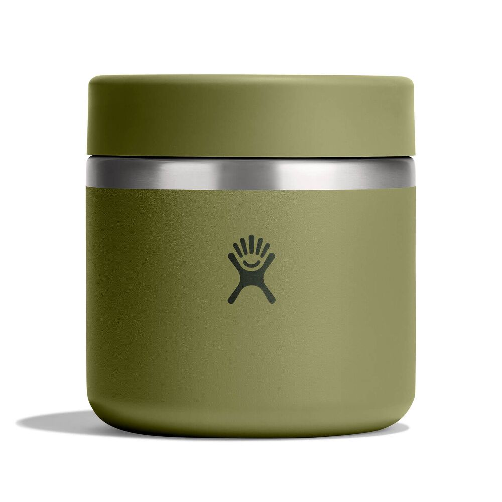 Small olive-green Hydro Flask insulated food container with cylindrical shape, wide screw-on lid, brushed metal band at top, and Hydro Flask logo on front.