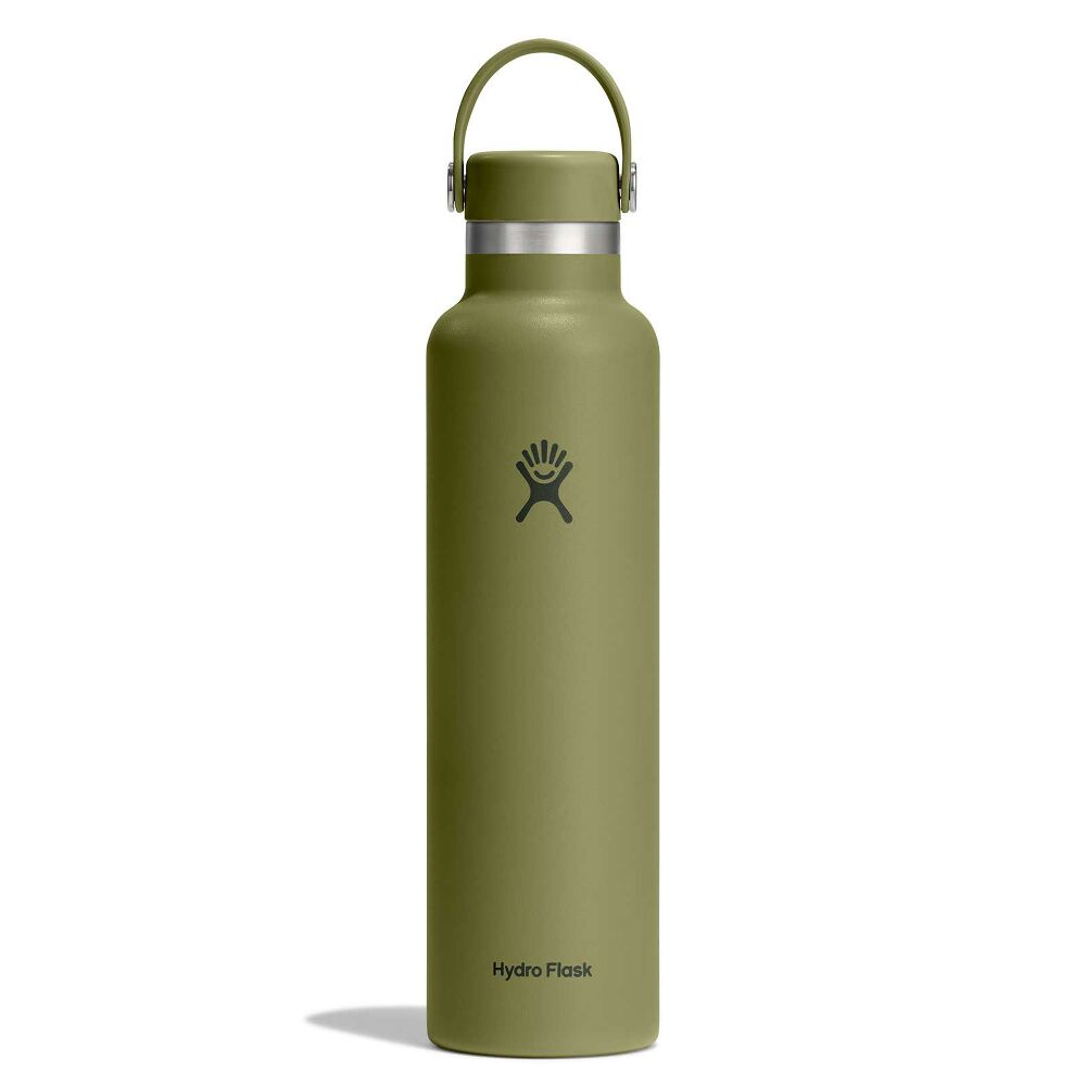 Olive green Hydro Flask wide-mouth water bottle with matte finish, stainless steel band, flexible carry handle with metal rivets, and Hydro Flask logo on front.