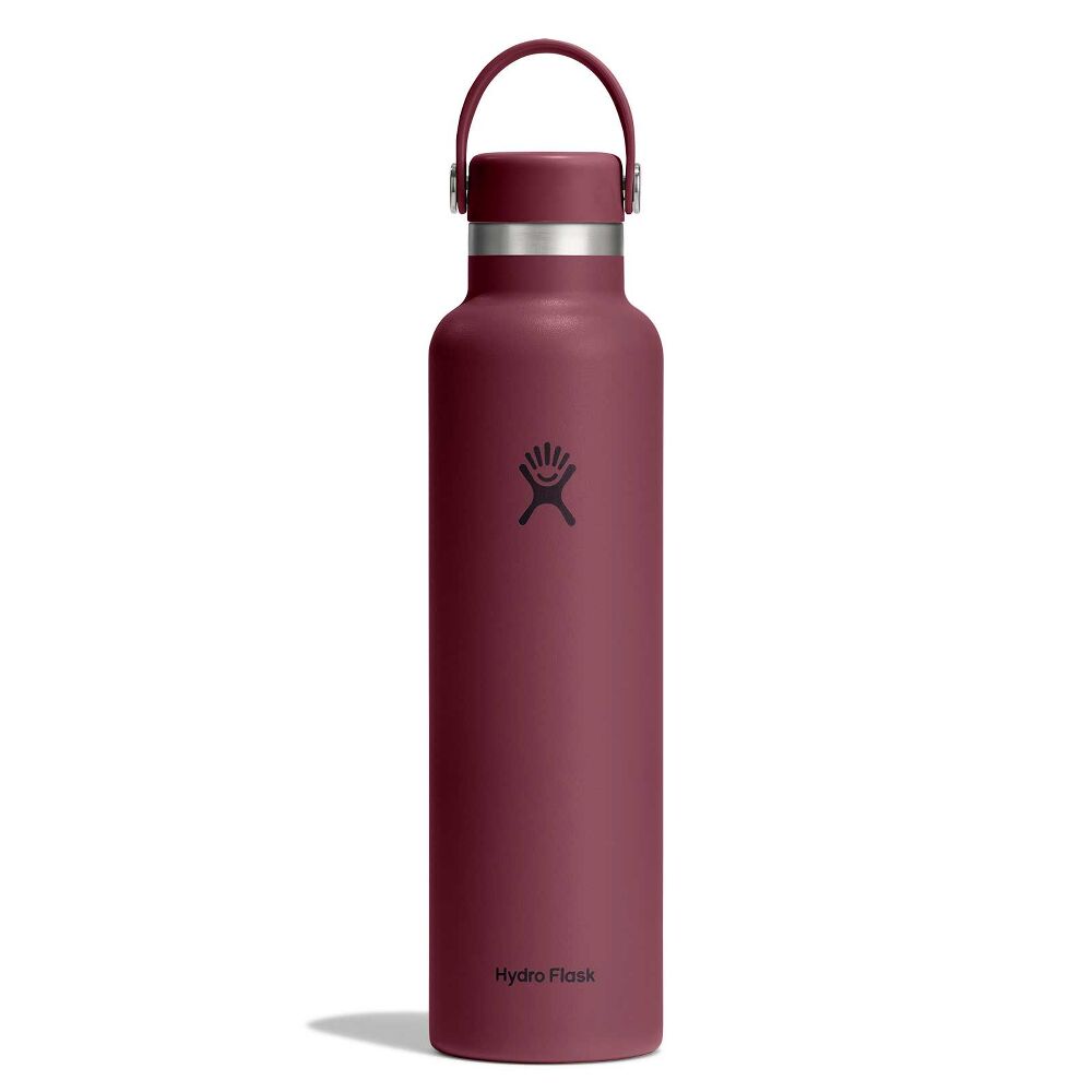 Maroon Hydro Flask wide-mouth water bottle with silver metallic band, matching cap with flexible carry handle on metal pins, matte surface, and Hydro Flask logo.