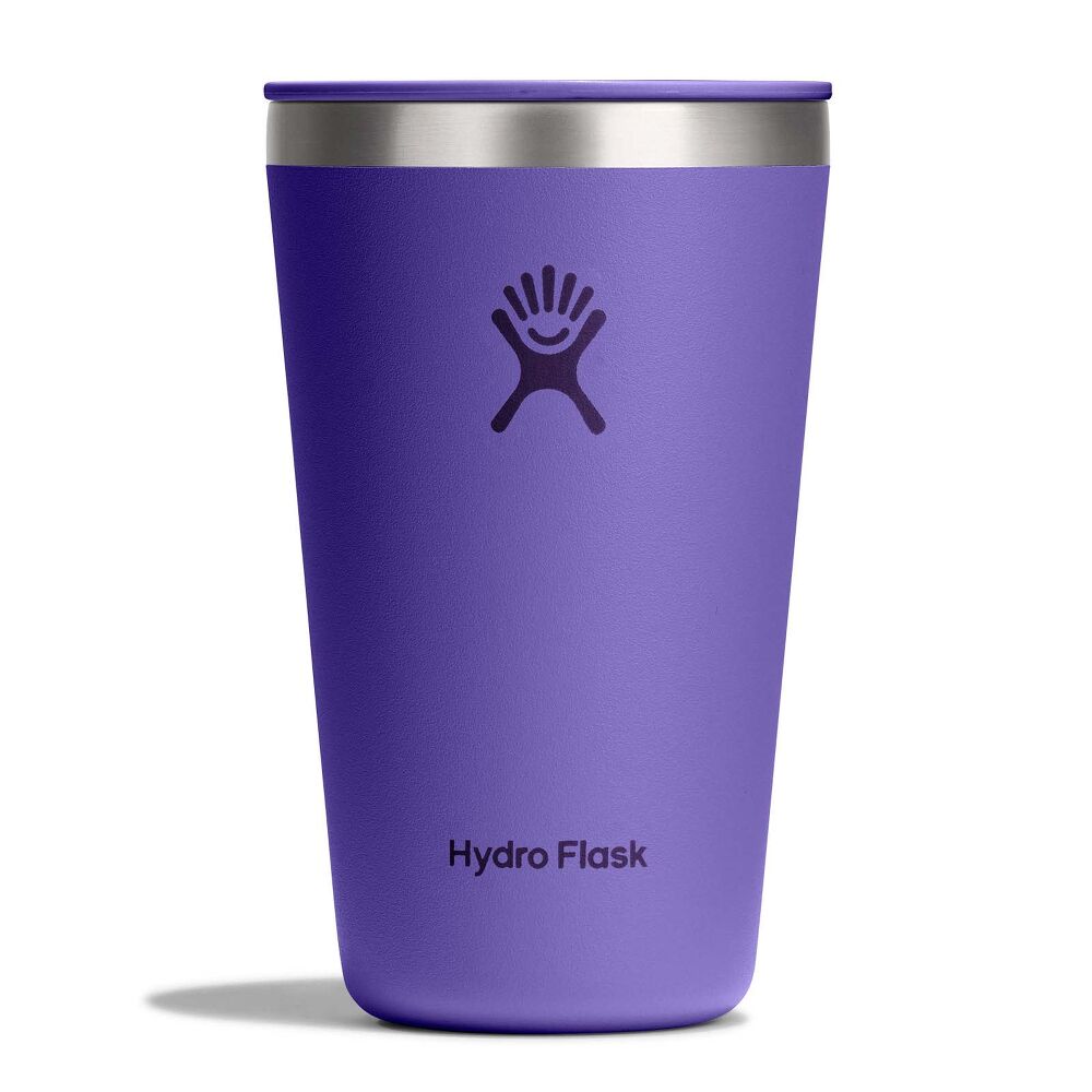 Purple Hydro Flask insulated tumbler with matching lid, brushed stainless steel rim, small sip opening, matte finish, and Hydro Flask logo on front.
