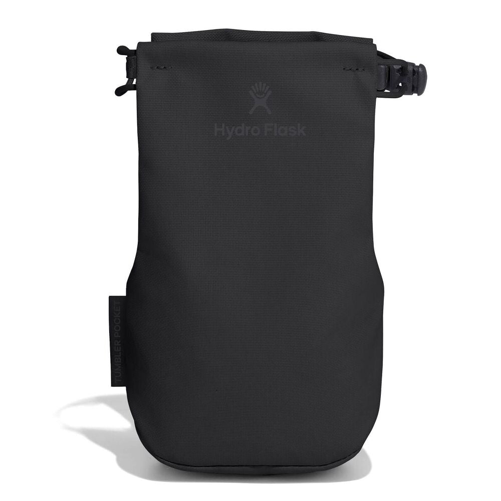 Black Hydro Flask accessory pouch with roll-top closure, side-release buckle, small loop, water-resistant material, logo on front, and "Tumbler Pocket" side tab.